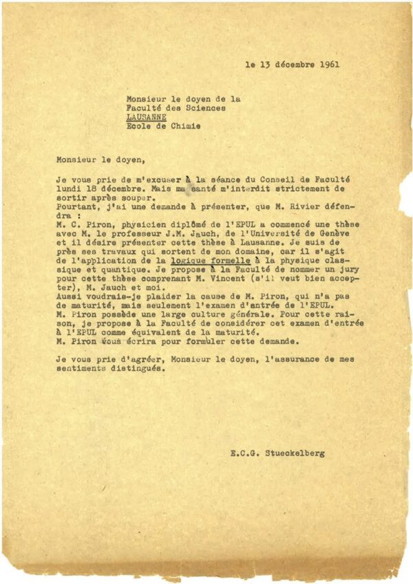 Courrier du Prof. Stueckelberg au doyen
